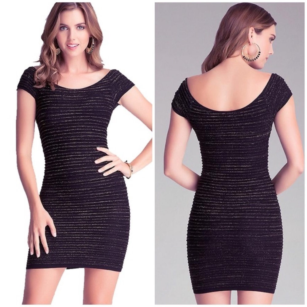 🖤 Bebe Black Scoop Neck Gold Metallic Shimmer Raglan Bodycon Fitted Mini Dress